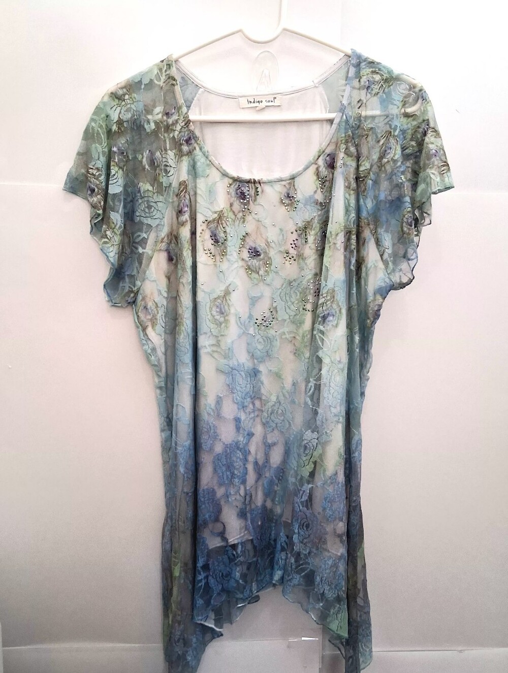 Indigo Soul Green Floral Sheer Tee Top Size 2XL Fit XL